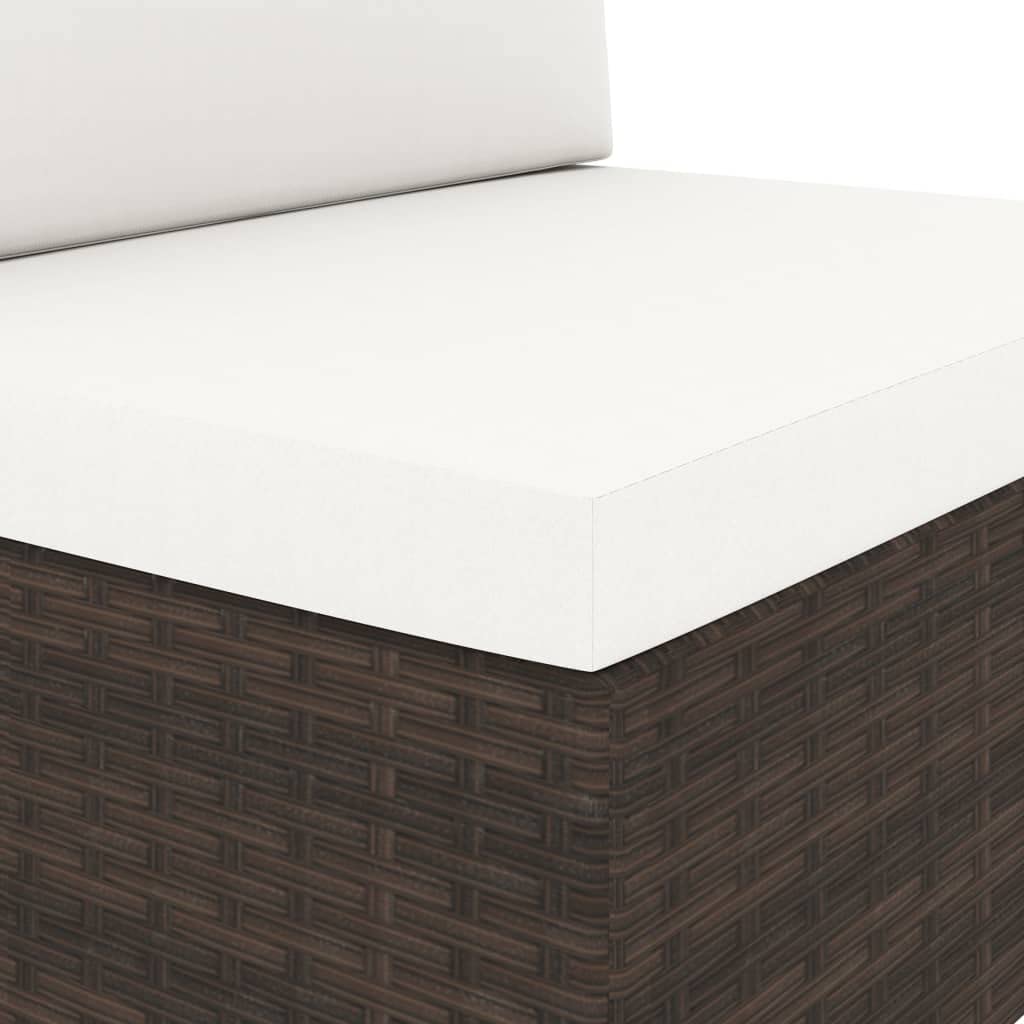 Set Divani da Giardino 2 pz in Polyrattan Marrone con Tavolo | Salotto modulare per terrazzo e patio con tavolino in vetro temperato e cuscini sfoderabili color crema.