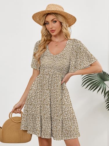 Image of UEAL Womens Cute Floral Smocked V Neck Flutter Sleeve Sundress with Pockets Casual Spring Summer Dresses for Women 2026