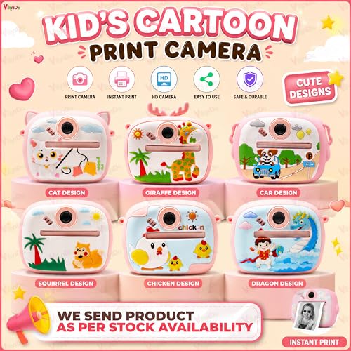 Image of VikriDA Instant Print Camera for Kids | 1080P HD Digital Camera with Video Recording, Built-in Printer, Fun Filters & Stickers - Dino-Themed Instant Digital Camera