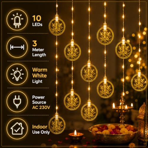 Image of MoonlitDreams Ganesh LED String Lights, 10 Golden Metallic Decorative Lights, 3 Meter Plug-in Lights for Diwali Decoration, Ganpati, Mandir, Pooja Room & Home Decor (Pack of 1)