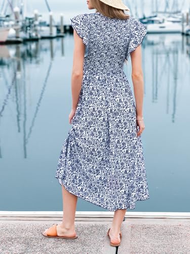 Image of CUPSHE Women's Summer Dress Square Neck Striped Smocked Dress Ruffled Cap Sleeves Dress A Line Maxi Formal Dress