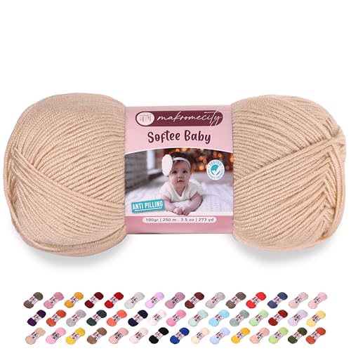Image of Makromecity Softee Baby Yarn,%100 Premium Anti-Pilling Acrylic, 3.5 Oz, 273 yd (100gr /250 mt), Beige Soft Yarn for Crocheting and Knitting (Beige, 1 Skein)