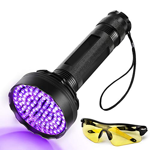 UV Taschenlampe 100 LEDs UV Schwarzlicht Taschenlampe mit UV-Schutzbrille,395nm UV Licht Scorpion Light Torch Lampe für unechte Banknoten, Urin von Hunde,Teppich,Nagetiere Cover