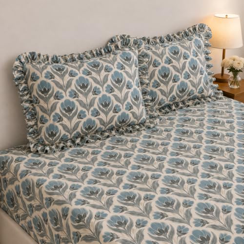 Image of King Size Fitted Bedsheet for Double Bed | 300 TC Cotton Feel Microfiber | All Around Elastic with 2 Frill Pillow Covers | Soft & Durable | (Design5, Fitted - 72 x 78 Inch King)
