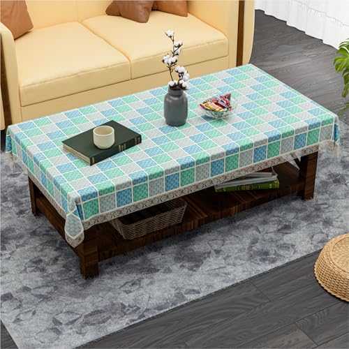 Image of Kuber Industries 40x60 Inch PVC Center Table Cover 4 Seater for Living Room and Home Decor | Waterproof and Anti-Slip Teapoy Cover | Table Protector Sheet | Check - Grey & Blue