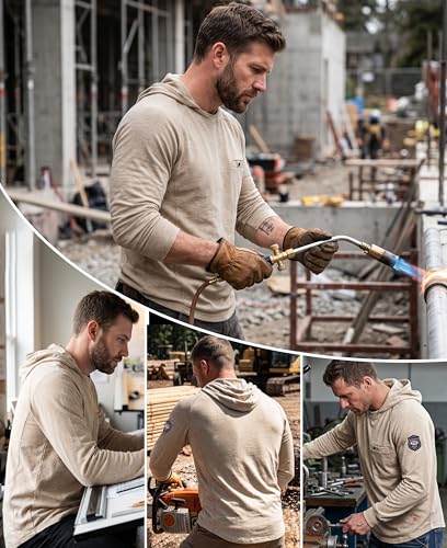 Image of BOCOMAL FR Hooded T Shirts Utility Pocket Fire Resistant Summer Hoodie CAT2 | 6oz Midweight Flame Retardant Cotton Hoodies,Kangaroo /Button Pocket,NFPA2112,Rib-Knit Cuffs,FRC Welding Arc Rated Work Shirt