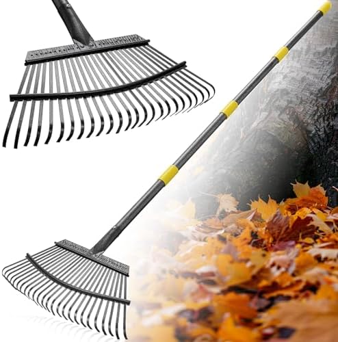 FLY HAWK Garden Rake, 165cm Adjustable Leaves Rakes with 25 Metal Tines, Long Handle Garden Rakes for Yard Clean Up - Garden Rakes for Leaves, Lawn Leveller, Yard Clean Up Tool