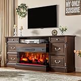 LUXOAK Roman Columns 3-Sided Glass Fireplace TV Stand for TVs up to 85in, 75' Farmhouse Entertainment Center with 36' Fireplace, Rustic TV Console Table Storage Cabinet, Living Room, Sawdust Brown