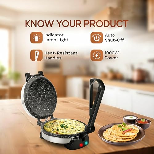 Image of ISILER Roti Maker 950W Electric Multi Maker Automatic with 8.5 Inch Cooking Plate Non-Stick Coating Cool Touch Handle Fast Heating I 1 Year Warranty