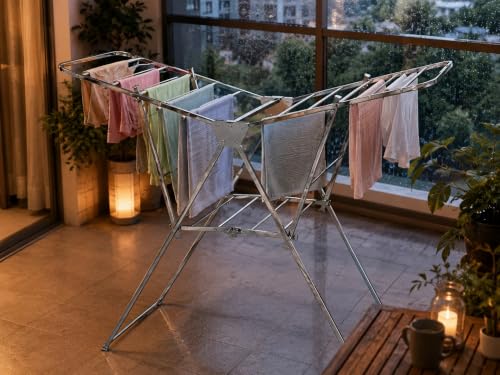 Image of KITCHIVO Heavy Duty Stainless Steel Clothes Drying Stand, Foldable Laundry Rack with Extendable Side Wings for Indoor and Outdoor Drying (Wigas SteelDry)