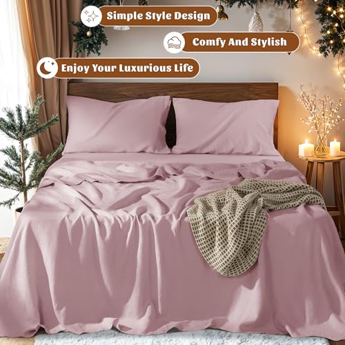 Image of 100% Pure Linen Sheet Set 4pcs Natural Linen Sheets Embroidery Purple Color Full Size, Relaxed Texture