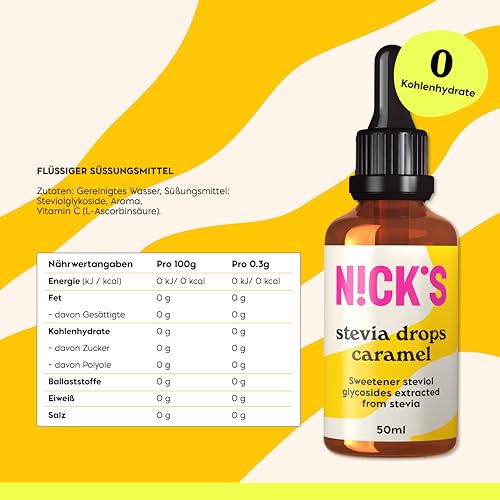 NICKS Stevia Flüssig Flavour Drops Karamell (50ml) Keto Zuckerfreie Tafelsüße ohne Kalorien, Low carb Zuckerersatz, Süßstoff, Flüssigsüße, Alternative zu Zucker, Süßungsmittel mit Pipette