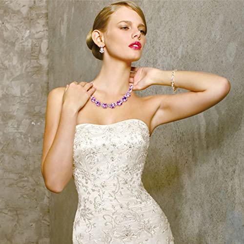 Xilazab Bib Statement Necklace, Purple Clear Choker Necklace Silver Finish Violet Crystal Necklace Multi Square Glass Crystal Collar Choker Necklace Luxury Jewelry,Jewelry Gifts For Women #TOP3