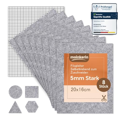 moinkerin 8 Stück Filzgleiter Selbstklebend zum Zuschneiden 16x20cm Groß 5mm Selbstklebende Filzgleiter für Stühle,Parkett Lärmreduzierung & Kratzschutz Filzfüße Schneiden Sie Jede Form (Grau)
