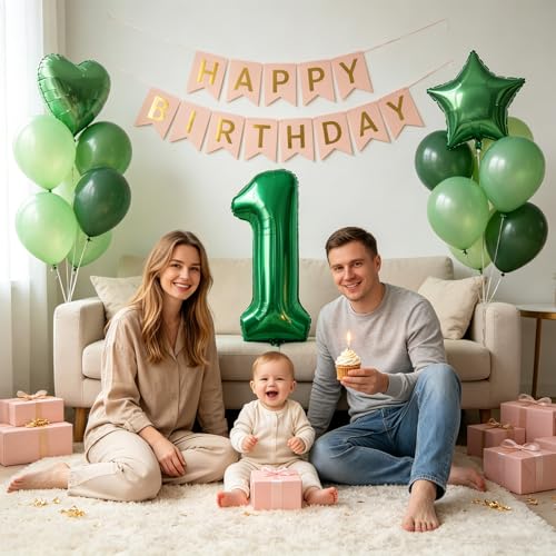 Image of TONIFUL 1st Birthday Balloons 40 Inch Green Large Number 1 Foil Balloon 18 Inch Helium Mylar Heart Star Shaped Ballons for Boys Men Birthday Anniversary Graduation New Year Eve Party Decoration