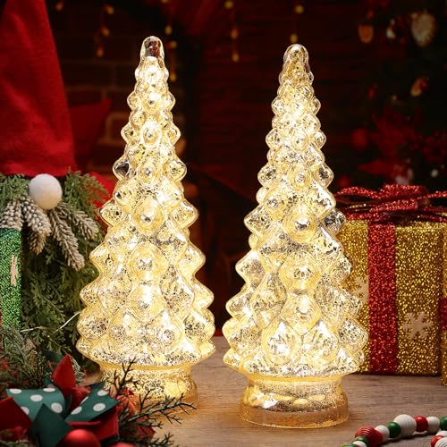 2 Pcs 12.6 Inch Lighted Glass Christmas Tree Figurine Battery Operated Silver Glass Christmas Tree Tabletop Xmas Decoration for Fireplace Mantel