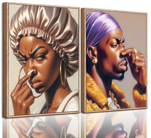 2Pcs Funny African American Bathroom Wall Art African men and Women Pinch Nose Poster Canvas Prints Wall Decor Paintings Funky Humour Smell WC Pictures Apartmen Aesthetic Decoration Gift Unframed
