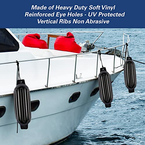 Marine And Rv Direct 4 Boat Fenders 6.5” X 23” Vinyl Ribbed Bumper Dock Shield Protection Includes 7 Foot Long 3/8S Braided Fender Lines & Pump To Inflate #TOP2