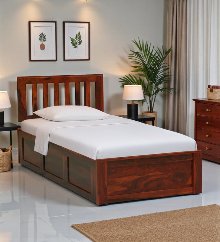 Image of Sheesham Wood Single Size Bed with Box Storage Solid Wood Cot Palang Wooden Double Bed Furniture for Bedroom Livig Room (Honey Oak Finish)