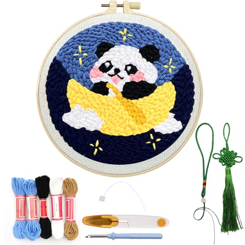 Image of Danvk Panda Punch Embroidery Kit with Embroidery Fabric, Hoop,Scissor,Punch Needle and Yarns, Hand Craft Gift,DIY Embroidery Kits, Hand Punch Needle Kit for Women and Beginners(Panda-Hanging)