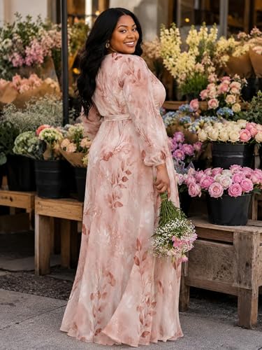 Image of PinkPatty Women's Long Sleeve Maxi Dress Plus Size Casual V Neck Wrap Dress with Pockets&Belt
