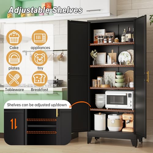 Image of winiowa Metal Pantry Cabinet with 2 Doors and Adjustable Shelves - 71 inch Kitchen Storage Cabinet with Gold Handles - Versatile Storage for Kitchen, Bathroom, Dining Room, Utility Room - Black