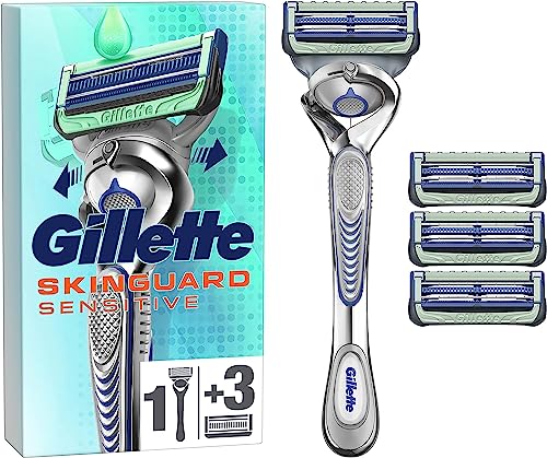 Gillette SkinGuard Sensitive Nassrasierer Herren, Rasierer + 4 Rasierklingen mit Flexgriff und Hautschutz, Geschenk für Männer