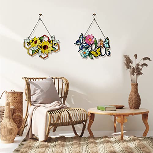 Blowind Metal Bee Wall Decor Wall Art On The Bathroom Living Room Outdoor Fence Decorations With Silhouette Ornament Branch Wall Hanging Sign For Balcony Garden Decor 15" X 12" (Bee Flowers) #TOP5