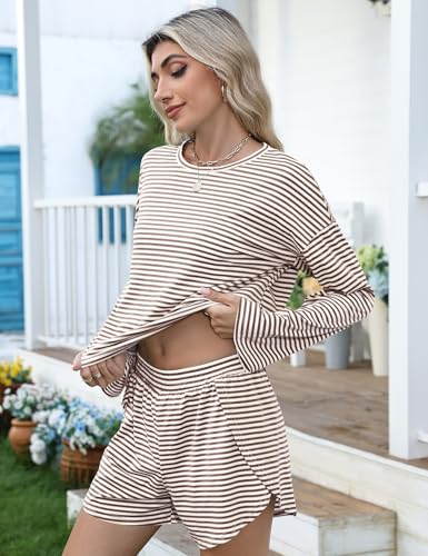 Kistore Womens 2 Piece Pajama Sets Long Sleeve Top and Shorts Sleepwear Pjs Lounge Matching Split Short Sets4