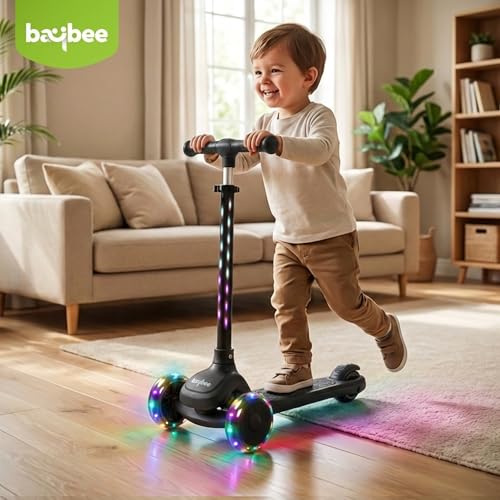 Image of Baybee Zyro Kick Scooter for Kids | 3 Wheel Kids Scooter with 3 Height Adjustable & LED Lights | Skate Scooters with Music & Foot Brake | Indoor Outdoor Toddler Scooters for 2 to 10 Years (Black)