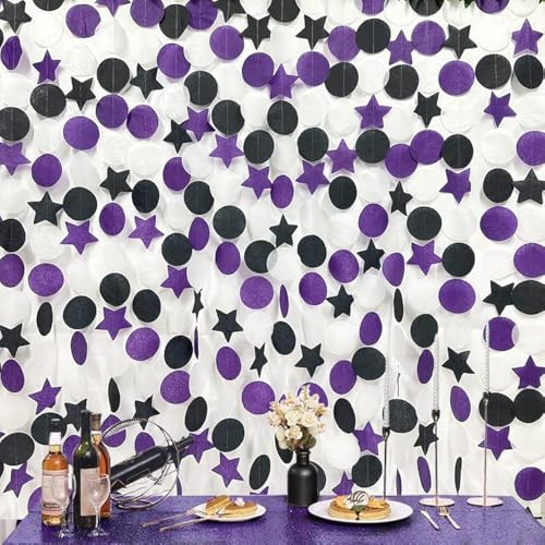 Image of 173 Ft Purple Black and White Party Decorations Big Star Circle Dot Backdrop Streamer Garland for Graduation Birthday Bachelorette Engagement Wedding Bridal Shower Halloween Party Supplies