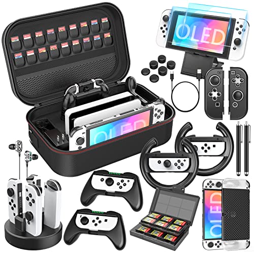 Mooroer Switch OLED Accessory Bundle for Nintendo Switch OLED Accessories, 27 in 1 Kit with Carry Case,Protective Cover for Switch OLED with Screen Protector,Grip Cover,Game Cards Case etc