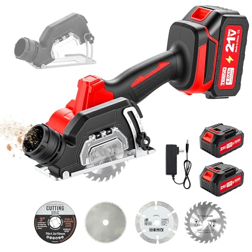 TEENO Akku-Mini-Handkreissäge, Akku Handkreissäge mit LED-Leuchte, 2x 4,0Ah-Akkus, Einstellbarer Schnittwinkel, 20000 U/min, 3 Sägeblätter inklusive Schleifscheibe für Metall, Holz und Fliesen