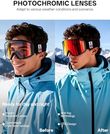 KAPVOE Fotochromische skibril Magnetische lens, Anti-condens, UV400- bescherming, Geschikt voor mannen, vrouwen en tieners Compatibel met helmen Ideaal voor skiën, snowboarden skaten 04