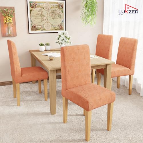 Image of Lukzer Elastic Dining Chair Cover - 2PC Pastel Orange Starlight | Textured High Stretch Jacquard Seat Cover | Removable Washable Short Dining Chair Cover Protector Seat Slipcover | (CC-142-02)