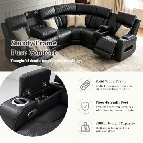 Image of Dark Grey Power Reclining Sectional Sofa with Cup Holders /Storage, 5 Seater | L-Shaped Recliner Couch with USB Charging /Storage, Home Theater Seating, Leather Furniture for Living Room, House, Apartment