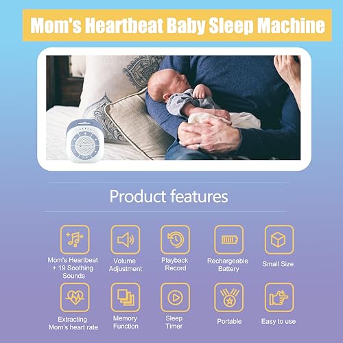 Amplim Baby Sound Machine with Mom’s Heartbeat Recording + 19 White Noise Soothers for Newborns, Infants, Preemies | Portable Colic Relief, Sleep Aid, Nursery Essential for New Moms, Baby Shower - Image 7