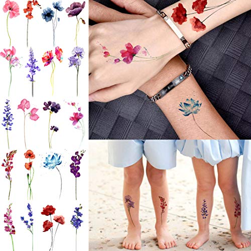 Rejaski 15 Sheets Watercolor Flower Lavender Temporary Tattoos For Women Girls, Tiny Floral Violet Small Sweet Pea Tattoo Temporary Sticker, Adults Delphinium Kids Fake Tatoos Sexy Tatto Kit Tato Arm #TOP5