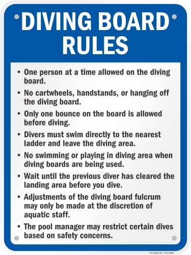 SmartSign 24 x 18 inch “Diving Board Rules - One Person At A Time, No Cartwheels, Only One Bounce” Metal Sign, 80 mil Laminated Rustproof Aluminum, Blue, Black and White