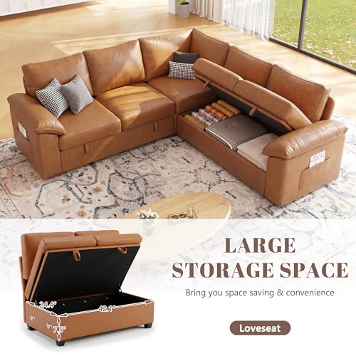 Image of 85 Inch Faux Leather Modular Sectional Sofa with Pull Out Bed, L Shaped 5 Seat Sectional Sleeper Sofa with Storage, Sectional Couches for Living Room, Cloud Modular Couch,Brown Leather