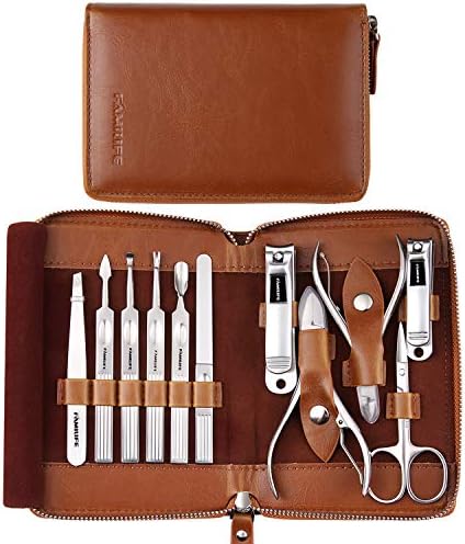 Manicure Set, FAMILIFE Professional Manicure Kit Nail Clippers Set 11 in 1 Stainless Steel Pedicure Tools Kit Nail Kit Men Grooming Kit with Portable Brown Leather Travel Case Luxury Gifts For Him
