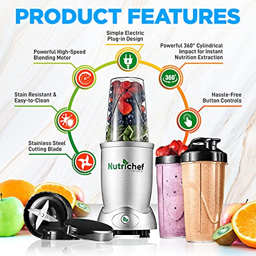 Nutrichef Personal Electric Single Serve Blender - 1200W Professional Kitchen Countertop Mini Blender Shakes And Smoothies W/ Pulse Blend, Convenient , Portable 10 & 24 Oz Cups - Nutrichef Ncbl12 #TOP1