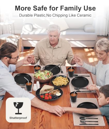 Quatish Juego de Platos y Bowls de Plástico de 48 Piezas para 6 Personas, Juegos de Vajilla, Negro miniatura 6