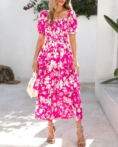Image of BTFBM Womens Floral Smocked Summer Maxi Dresses | Square Neck Puff Short Sleeve Ruffle Tiered, 2026 Trendy Casual Sundress, Cruise Holiday Beach Vacation Wedding Guest Dress