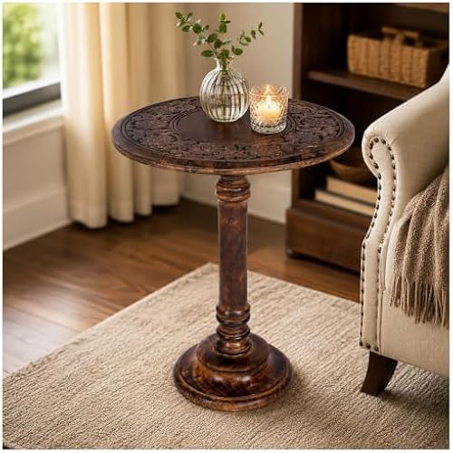 Side Table Hand-Carved Mango Wood Side Table, 18x22