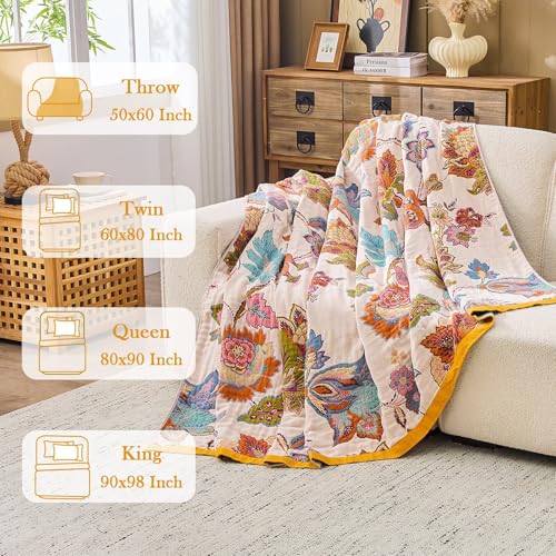 Image of XIBLC Boho Throw Blanket 100% Cotton Vintage Blanket Muslin Woven Flower Decorative Throw Blankets All Season Bohemian Rustic Farmhouse Decor Quilt for Bed (Beige 90 inchx98 inch)