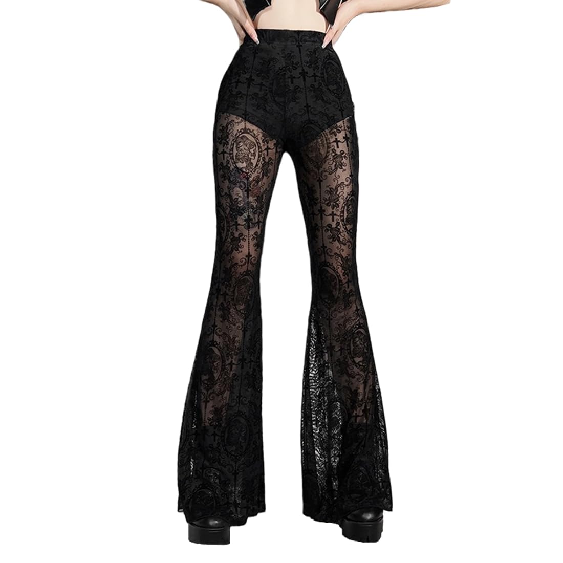 Women's Gothic Lace Pants Black Goth Bell Bottom Pants Punk Grunge Rave Flared Leggings, Black, Large