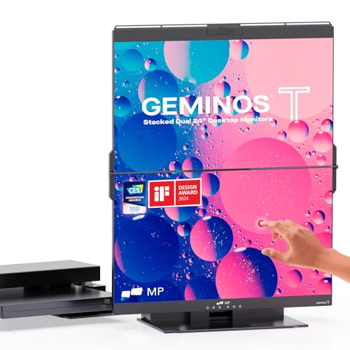 Image of Mobile Pixels 2026 Geminos-T Dual 24 inch Stacked Computer Monitors with 1080P Webcam and Speakers, Vertical Desktop Monitor, Plug and Play, HDMI /USB-A /USB-C (Touchscreen)