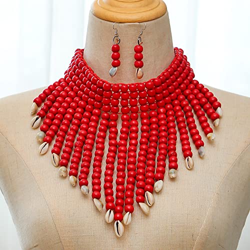 Colorful Bling Chunky Wooden Beaded Seed Bib Collar Necklace Boho Layered Africa Wood Shell Strand Choker Necklace Jewelry Set For Women-Red #TOP2