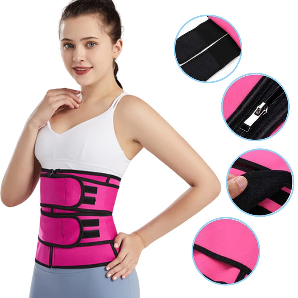 YUANGUNGUN Waist Trainer for Women Men,Adjustable Body Shaper,Waist Trimmer Cincher with Dual Belly Band for Weight Loss Slimming Sauna Sweat Belt Back Support for Fitness Workout Gym (Size XL) Rose